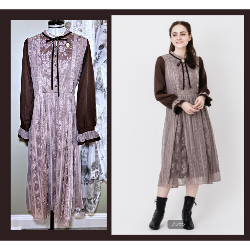 Axes Femme Brown Lace Dress with Cameo Brooch J Fashion Cottagecore Mori Kei